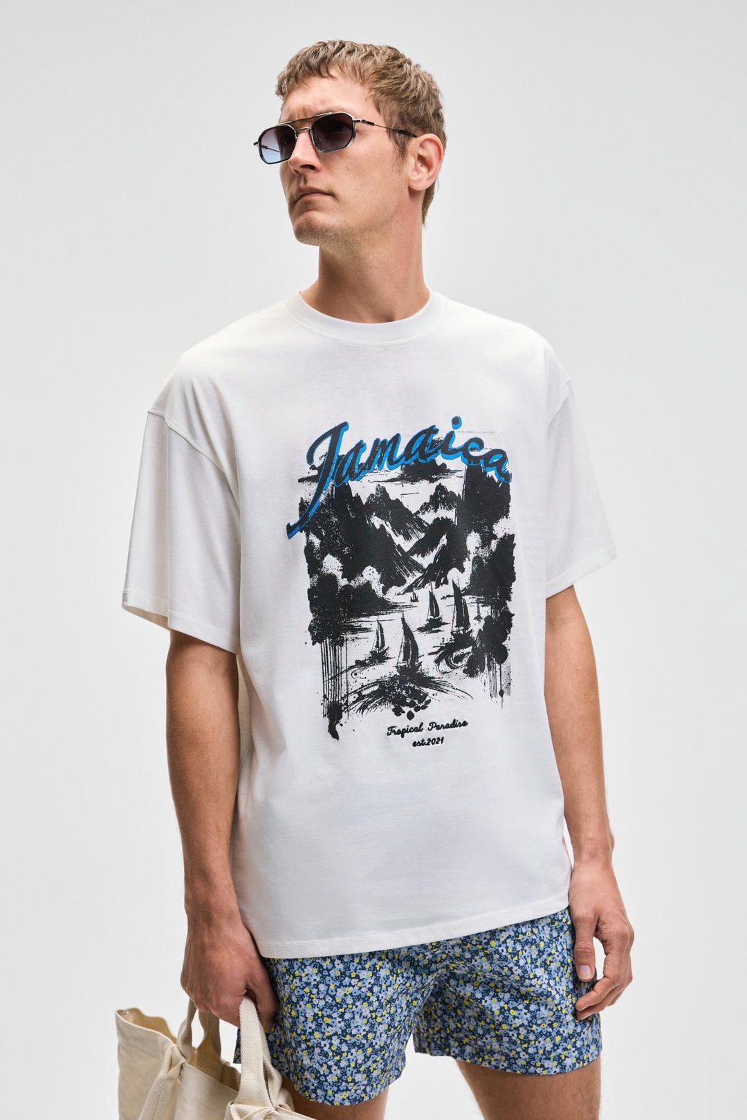 BENFICA Erkek %100 Organik Pamuk Baskı Detaylı Oversize Kısa Kol Bisiklet Yaka Beyaz T-Shirt