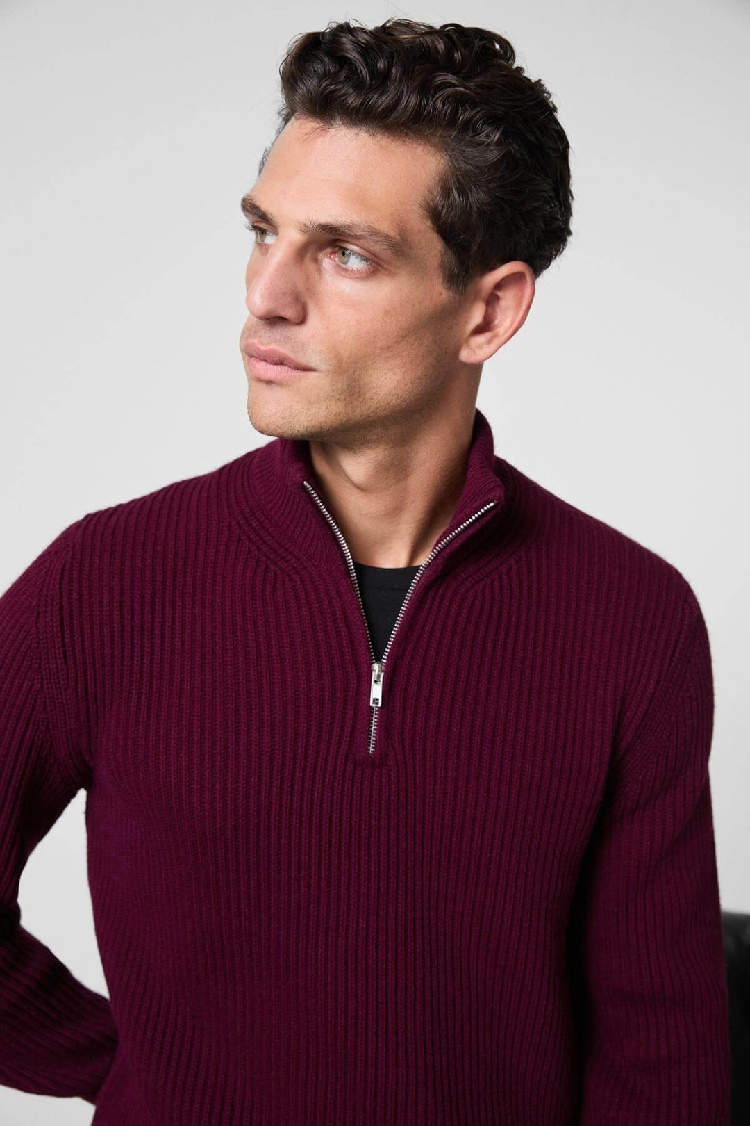 BERNARDO Erkek Yarım Fermuarlı Dik Yaka Triko Bordo Kazak