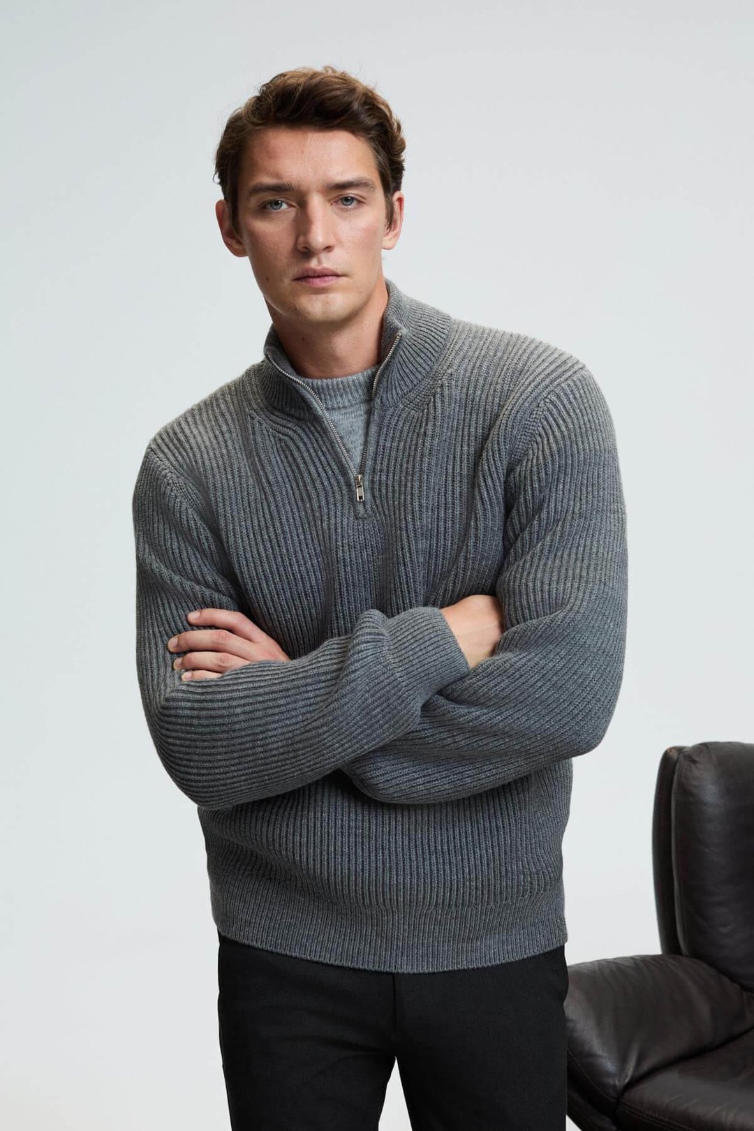 BERNARDO Erkek Yarım Fermuarlı Dik Yaka Triko Antrasit Kazak