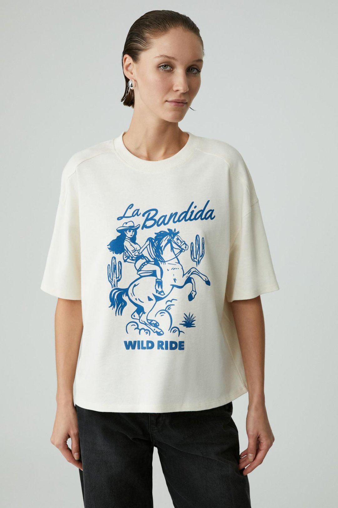 BERRIE Kadın Regular Baskılı Yuvarlak Yaka Ekru T-Shirt