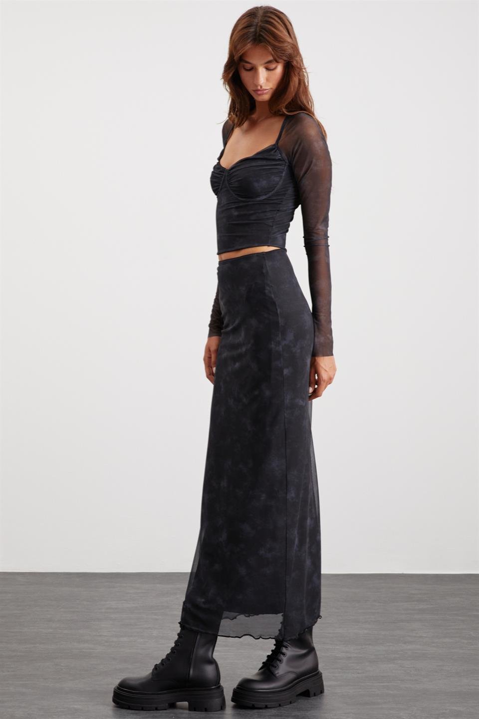 BEULAH  Slim Koyu Gri Tekli Etek