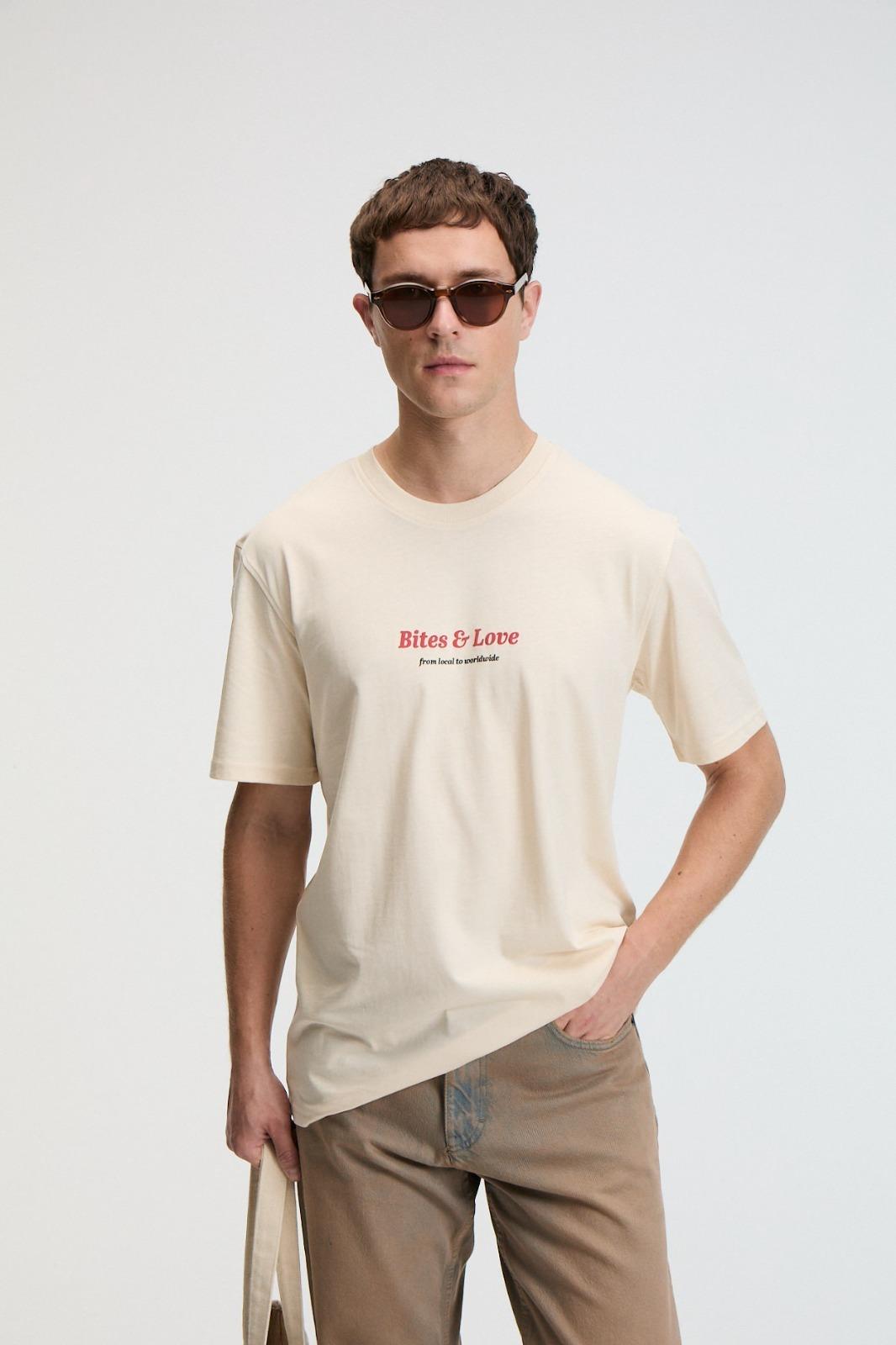 BITE Erkek Oversize %100 Pamuk Baskılı Yuvarlak Yaka Vanilya T-Shirt