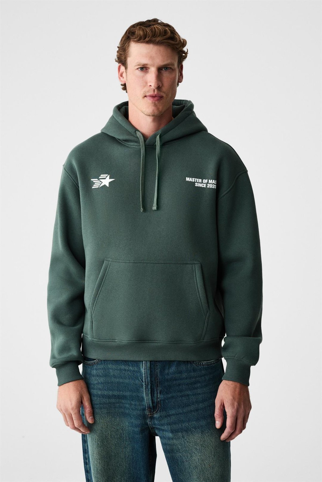 BLAISE Erkek Önü Ve Sırtı Baskılı Kapüşonlu Kordonlu Kanguru Cepli Regular Fit Yeşil Sweatshirt