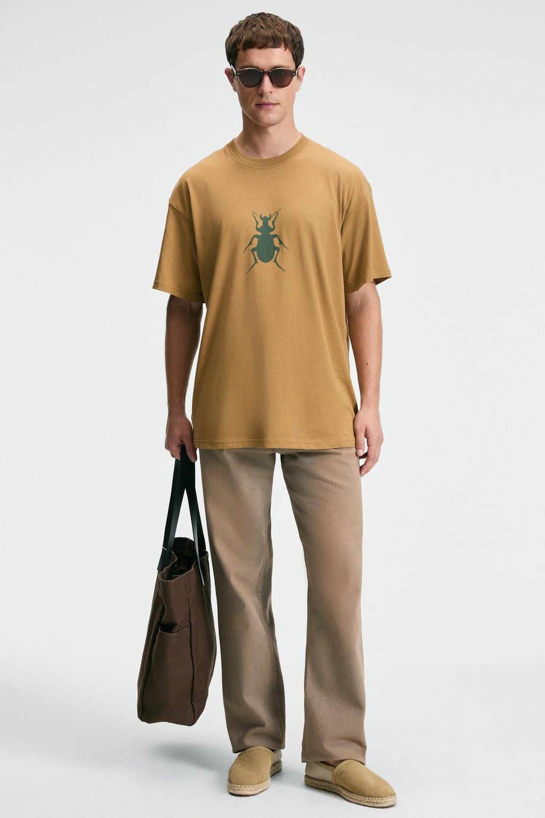 BOLD Erkek %100 Pamuk Oversize Fit Baskılı Kısa Kollu Yuvarlak Yakalı Koyu Bej T-Shirt