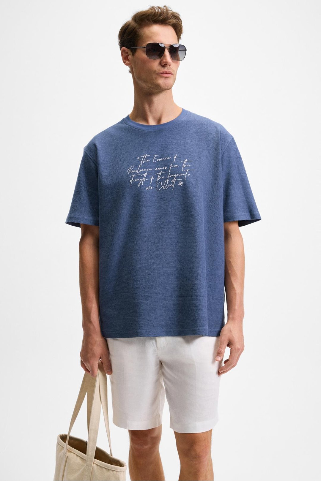 BONDIA Erkek Baskı Detaylı %100 Organik Pamuk Oversize Fit Bisiklet Yakalı Kısa Kollu İndigo T-Shirt