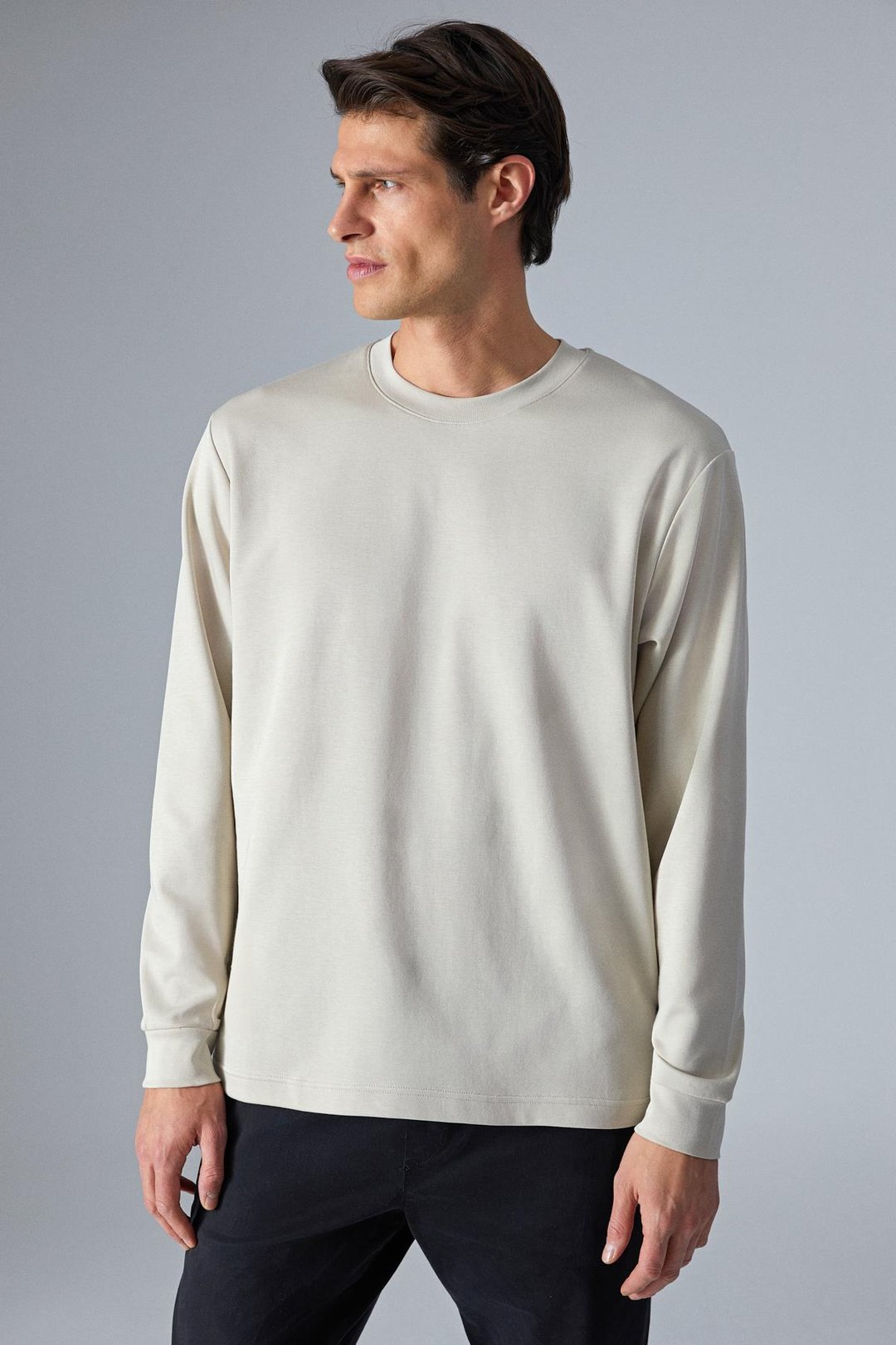 BOONE Erkek Regular Bisiklet Yaka Uzun Kollu Bej T-Shirt