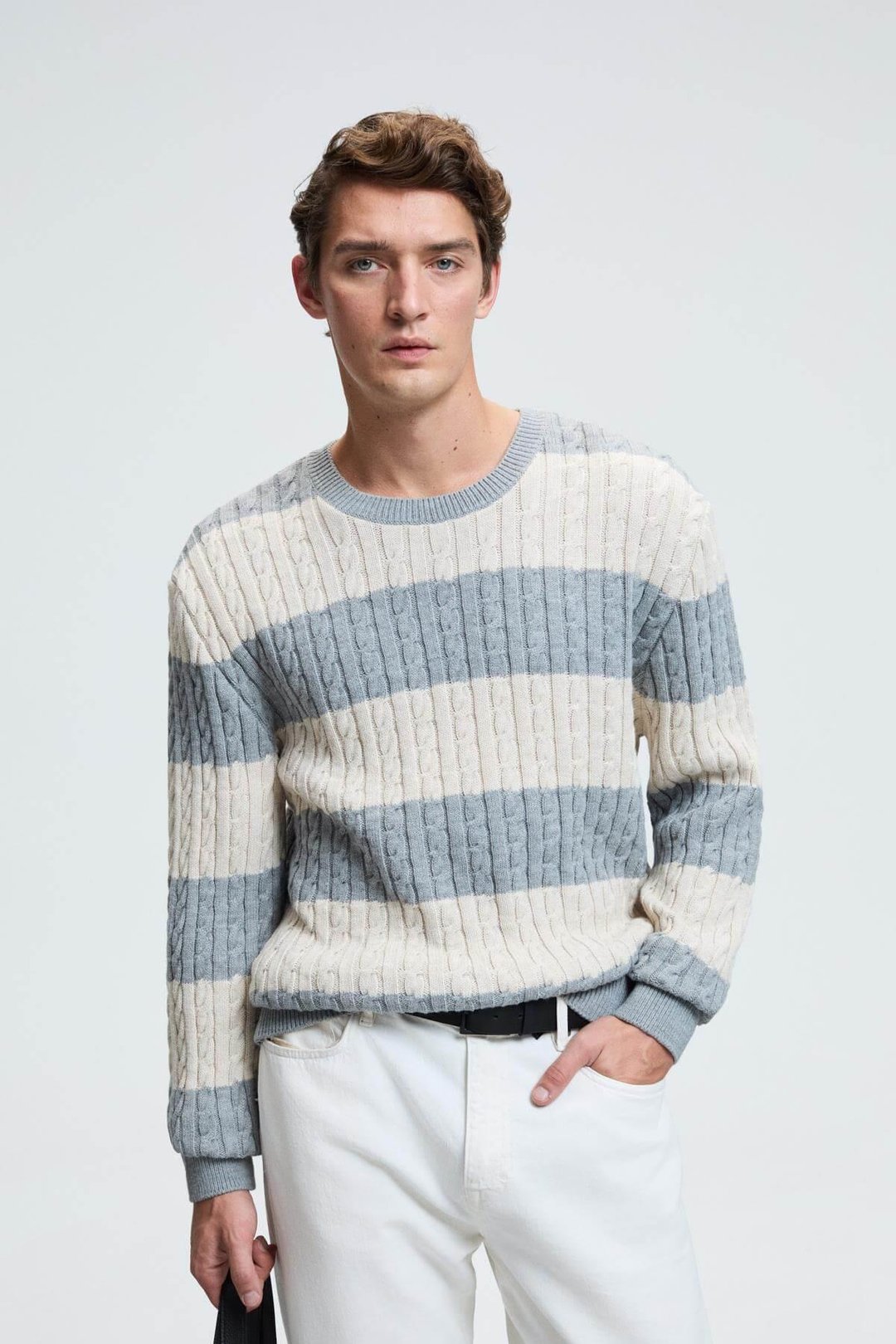 BRAID Erkek Yuvarlak Yaka Saç Örgü Desenli Regular Fit Grimelanj - Bej Kazak