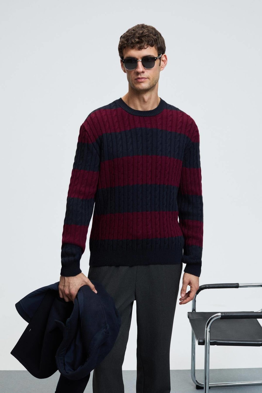 BRAID Erkek Yuvarlak Yaka Saç Örgü Desenli Regular Fit Bordo - Lacivert Kazak