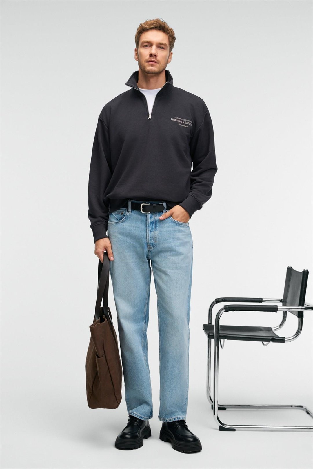 BRAM Erkek %100 Pamuk Dik Yakalı Yarım Fermuarlı Baskılı Antrasit Sweatshirt