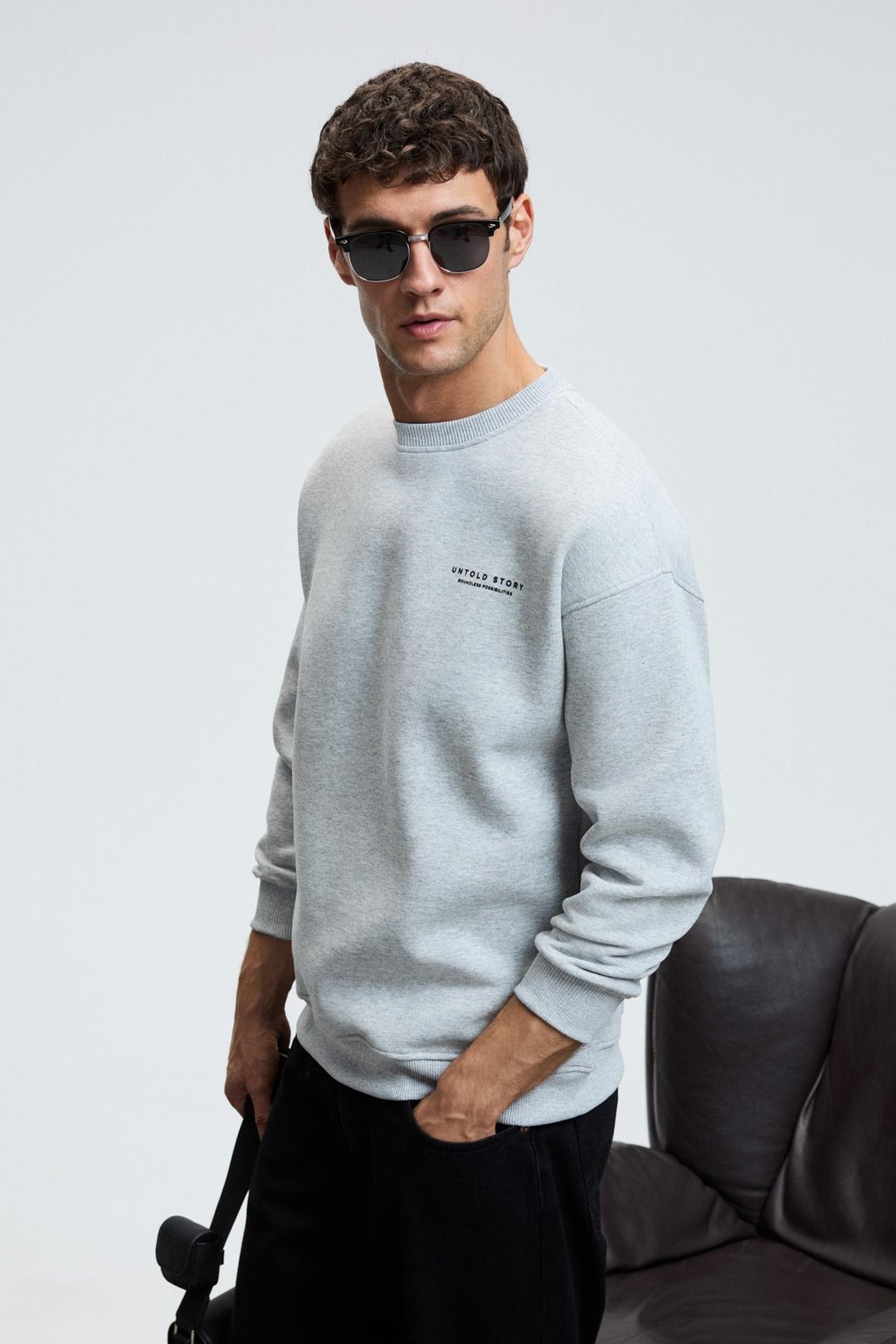 BRYAN Erkek Yumuşacık Kumaşlı 3 İplik Oversize Bol Kesim Yuvarlak Yakalı Baskılı Grimelanj Sweatshirt