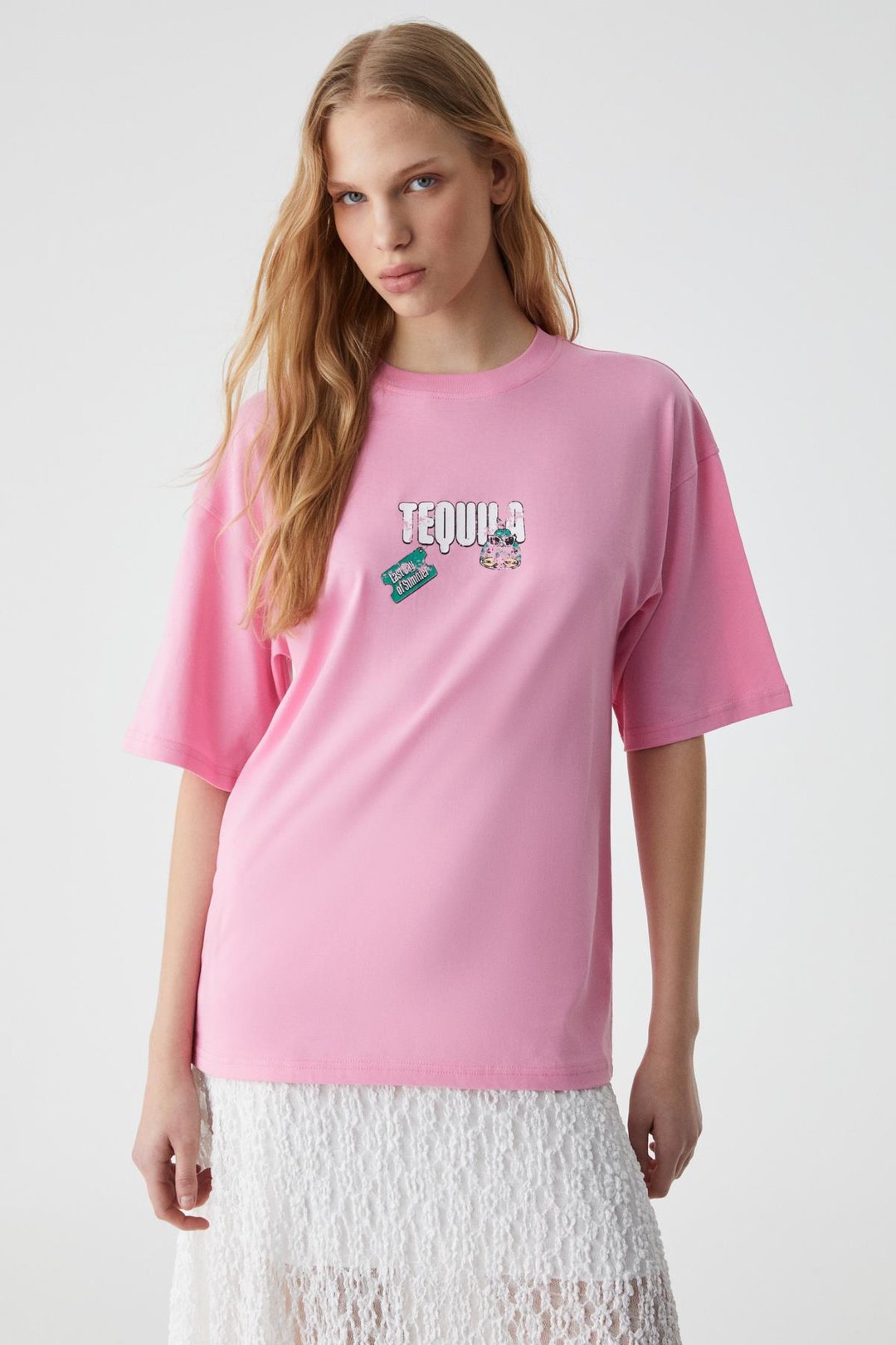 CAITLYN Kadın Oversize Bisiklet Yaka Pembe T-Shirt