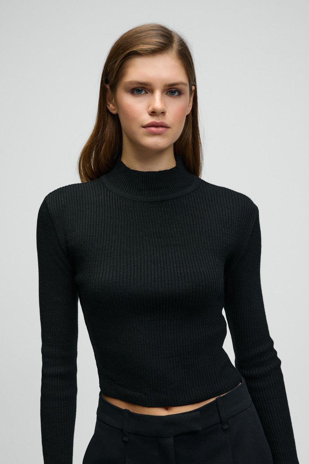 CALIDA Kadın Dik Yaka Fitilli Görünümlü Slim Fit Triko Siyah Kazak