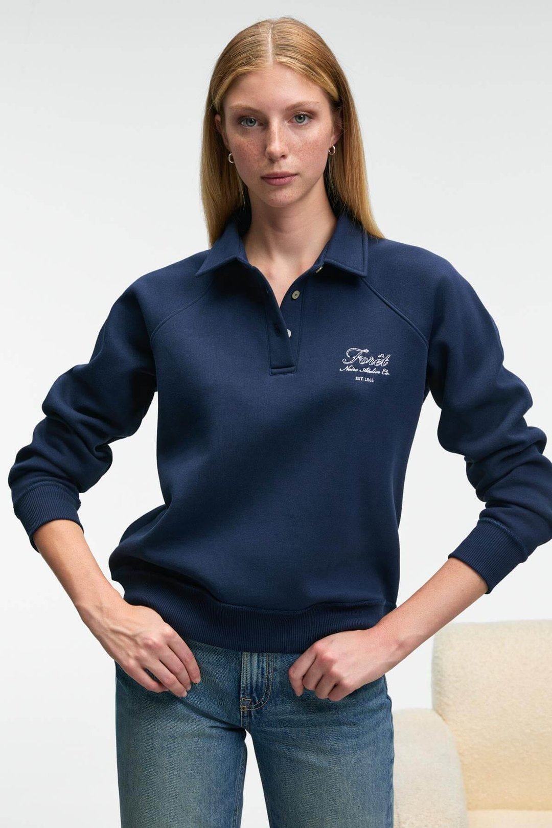 CAMIREL Kadın Polo Yaka Düğmeli Nakış Detaylı Reglan Kol Comfort Fit Lacivert Sweatshirt