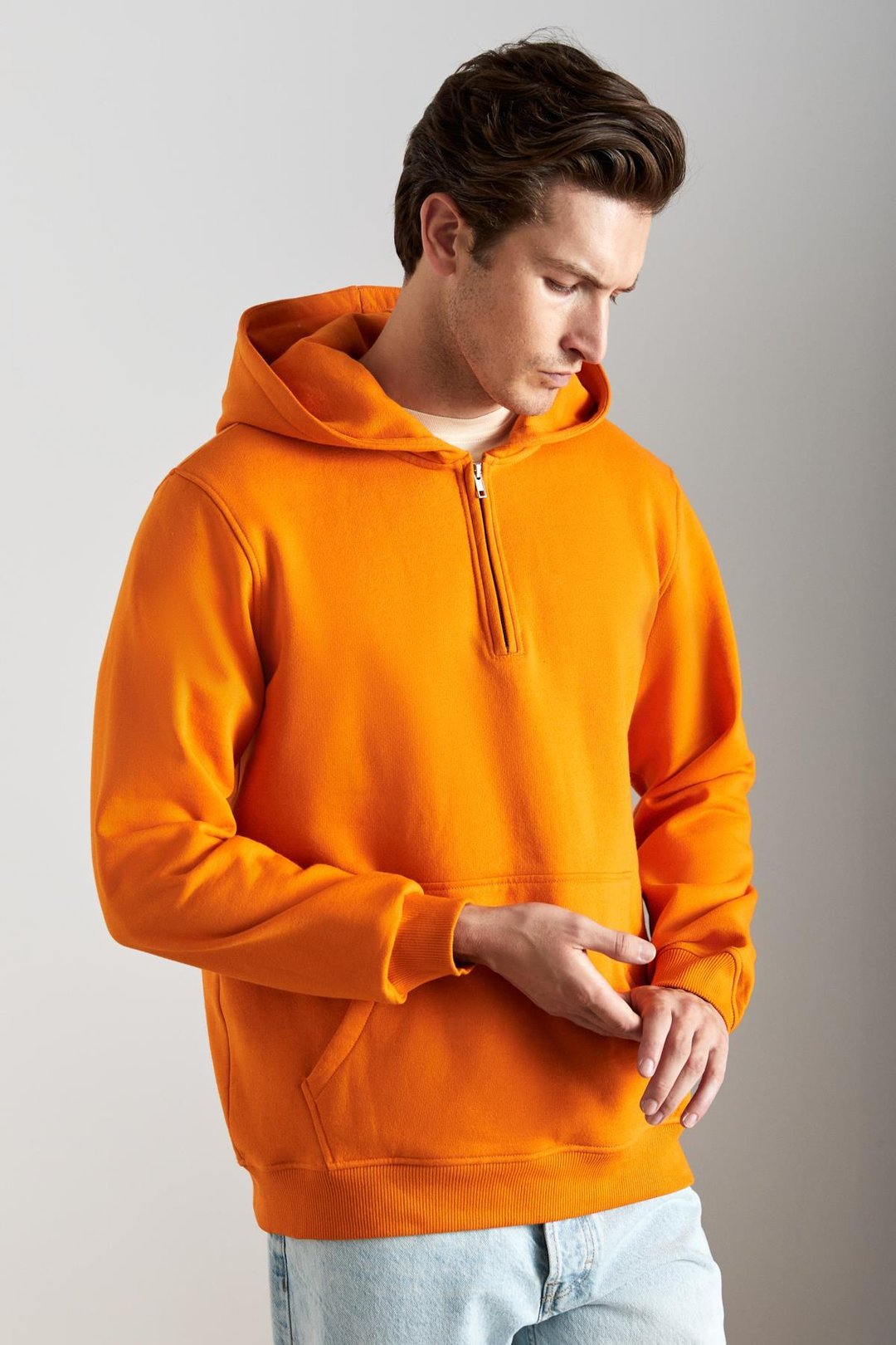 CANCELLED Erkek Pamuk Kapüşonlu Fermuarlı Yaka Turuncu Sweatshirt