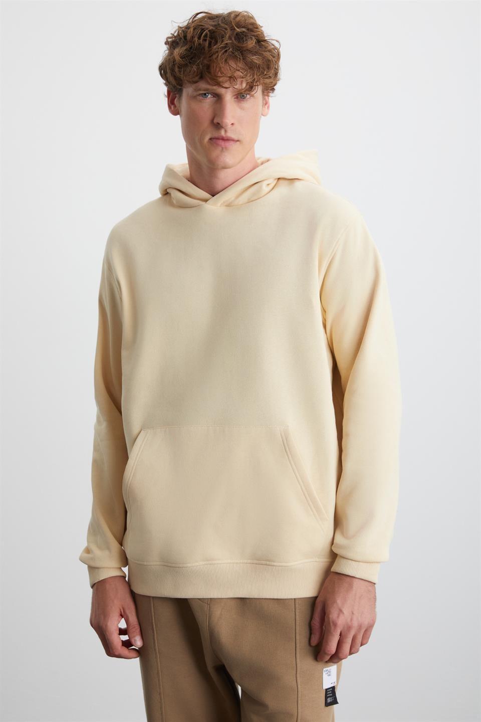 CARTMEL Erkek Örme 3 İplik Relaxed Fit Rahat Kalıp Kanguru Cepli Kapüşonlu Bej Sweatshirt