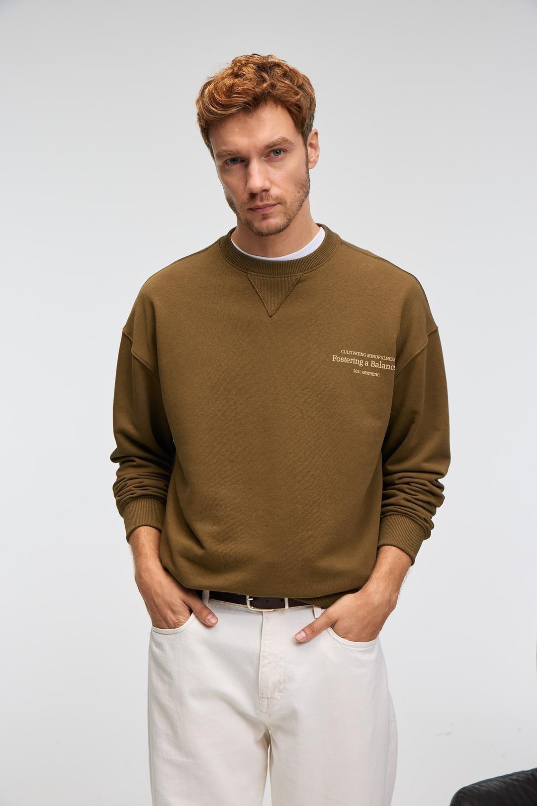 CASPIAN Erkek %100 Pamuk Bisiklet Yaka Karyoka Dikişli Baskılı Haki Sweatshirt