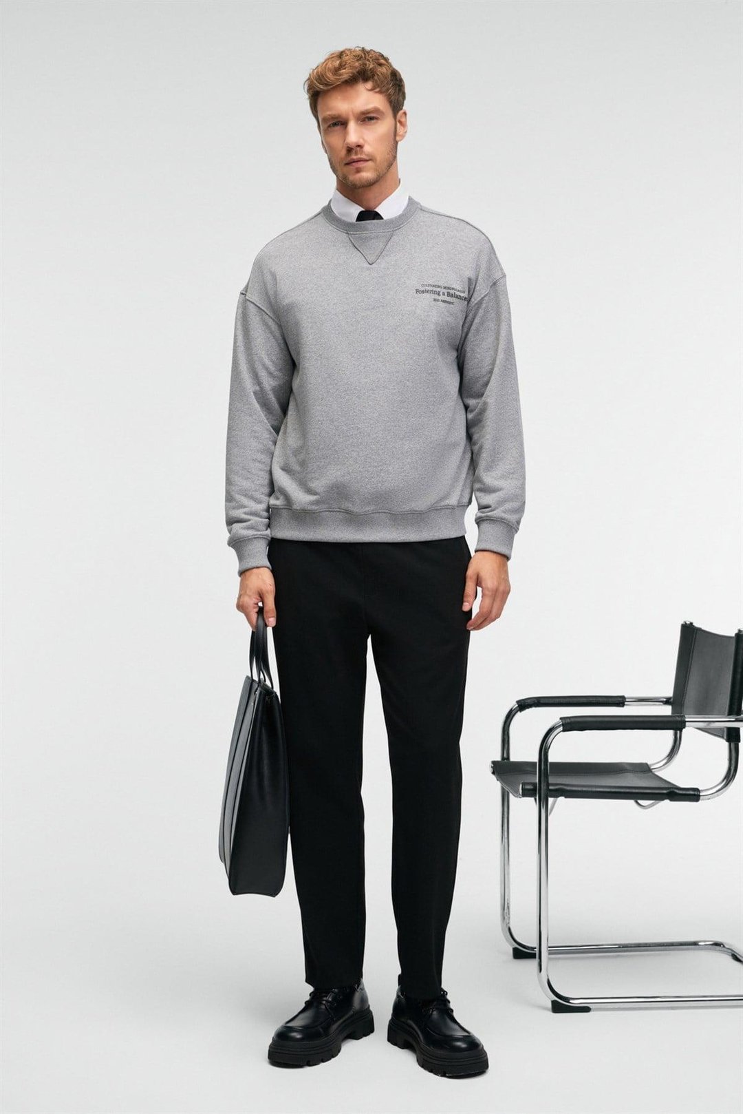 CASPIAN Erkek %100 Pamuk Bisiklet Yaka Karyoka Dikişli Baskılı Antrasit Sweatshirt