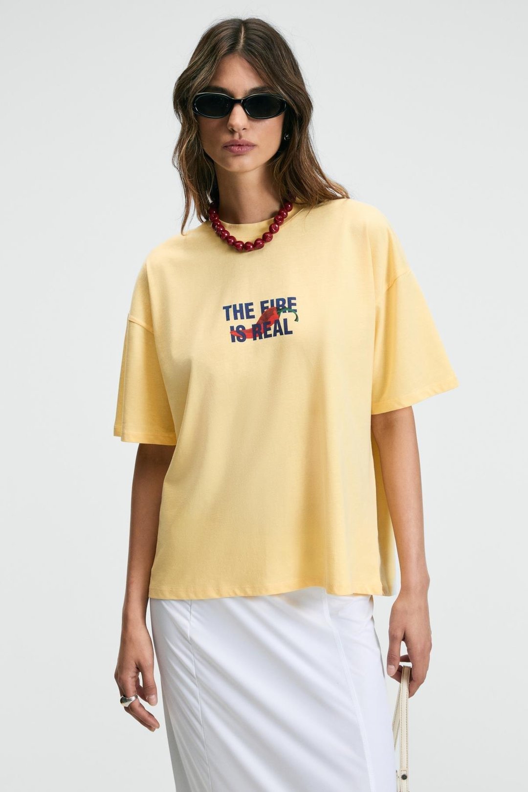 CASSIANE Kadın Bisiklet Yaka Kısa Kollu Ön Ve Arka Baskılı Regular Sarı T-Shirt