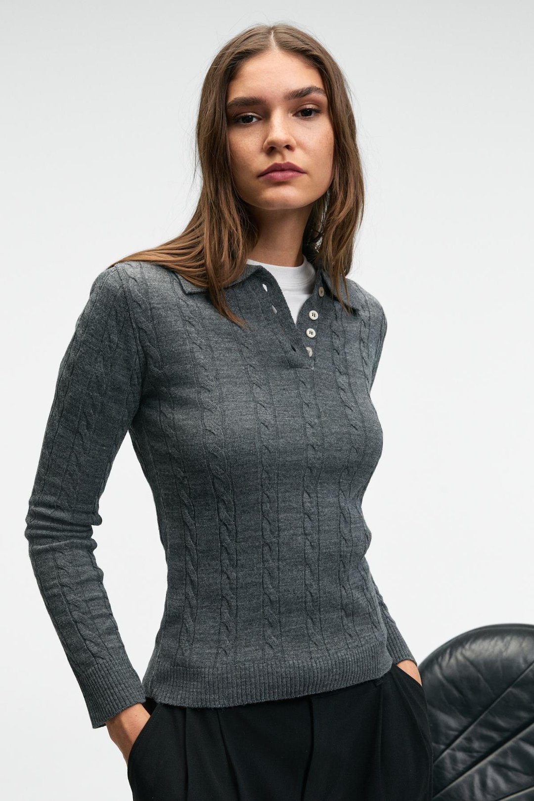 CASTANA Kadın Polo Yaka Düğmeli Regular Fit Triko Antrasit Kazak