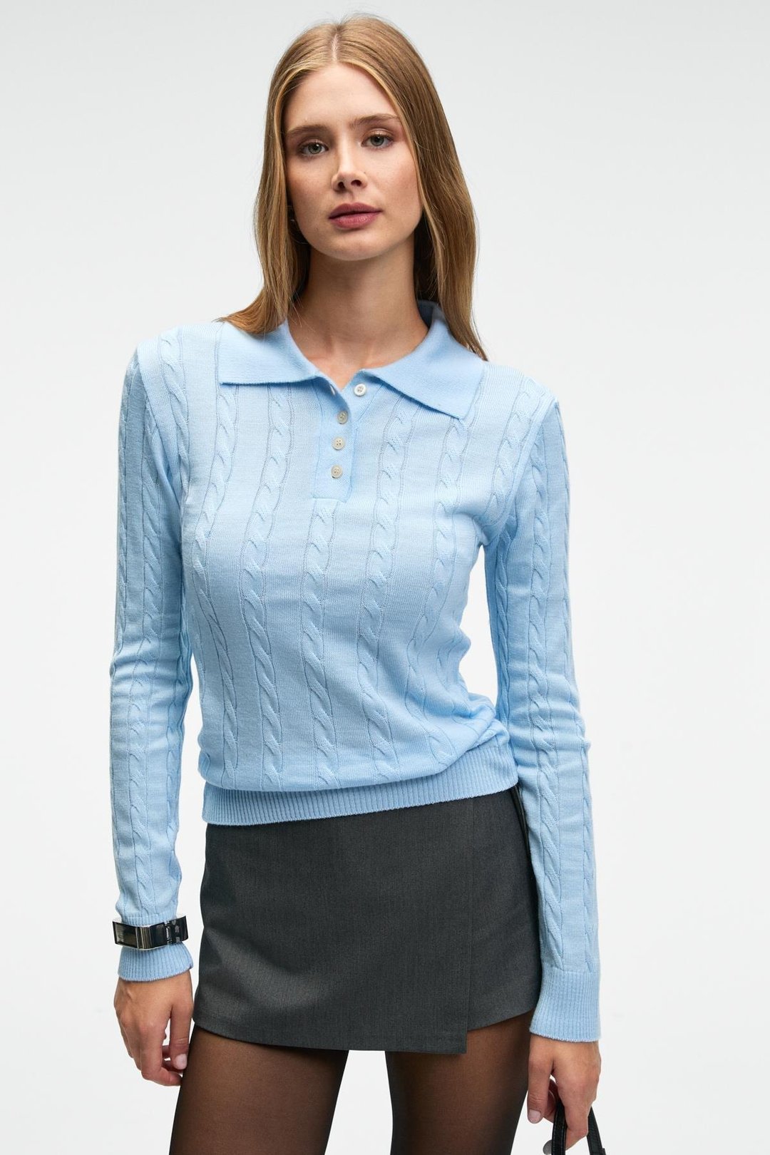 CASTANA Kadın Polo Yaka Düğmeli Regular Fit Triko Mavi Kazak