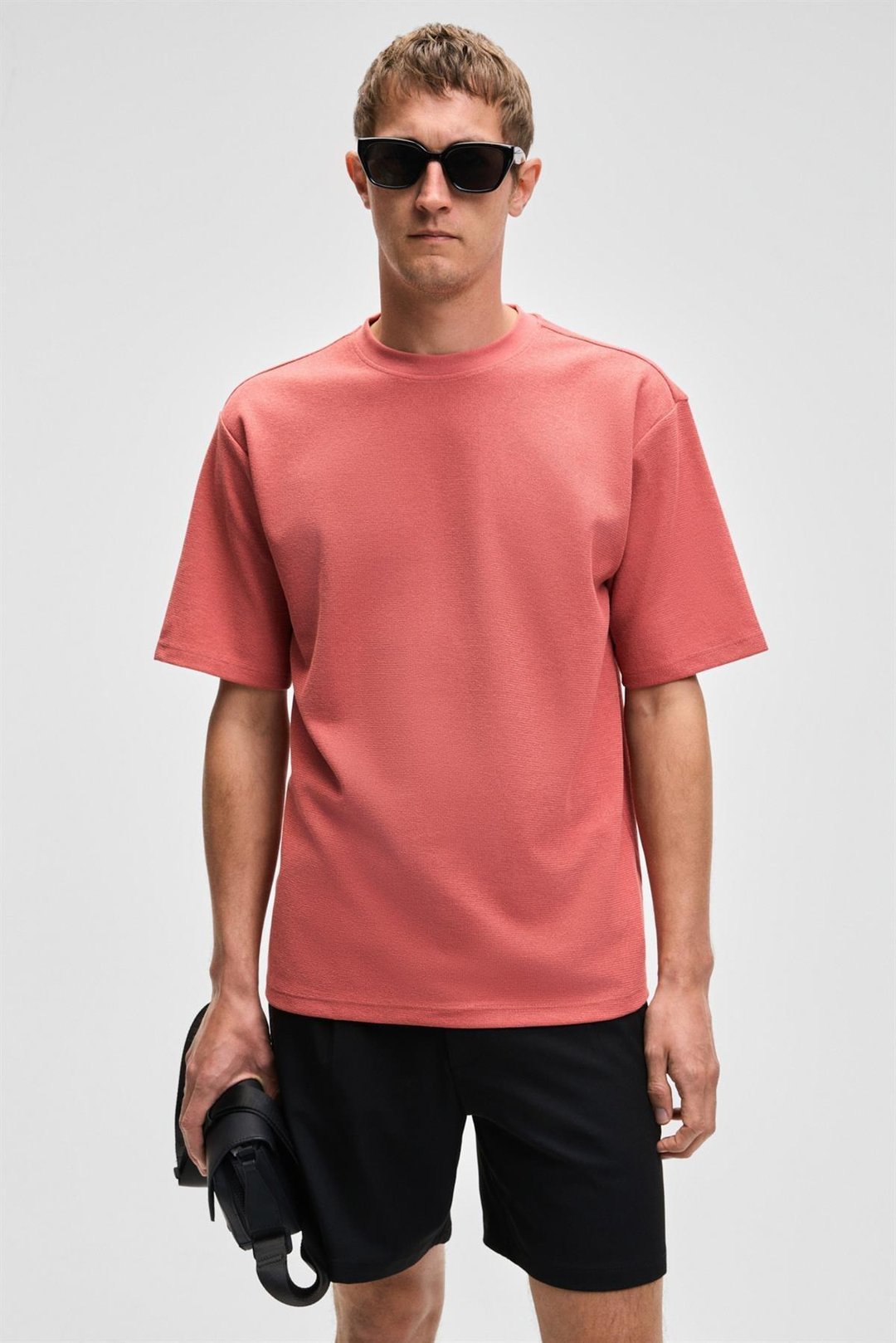 CHIC Erkek Relaxed Fit Dokulu Pamuk Kumaş Kiremit Rengi T-Shirt