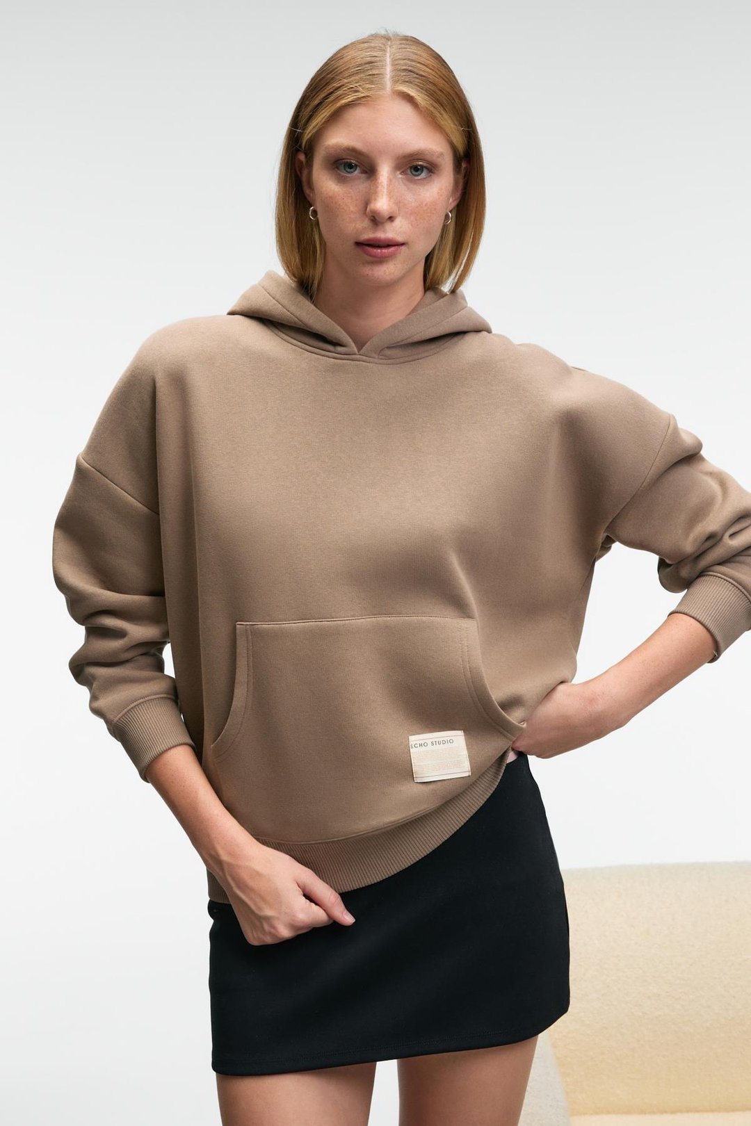 CLARIE Kadın Organik Pamuklu Oversize Kanguru Cepli Kapüşonlu Vizon Sweatshirt