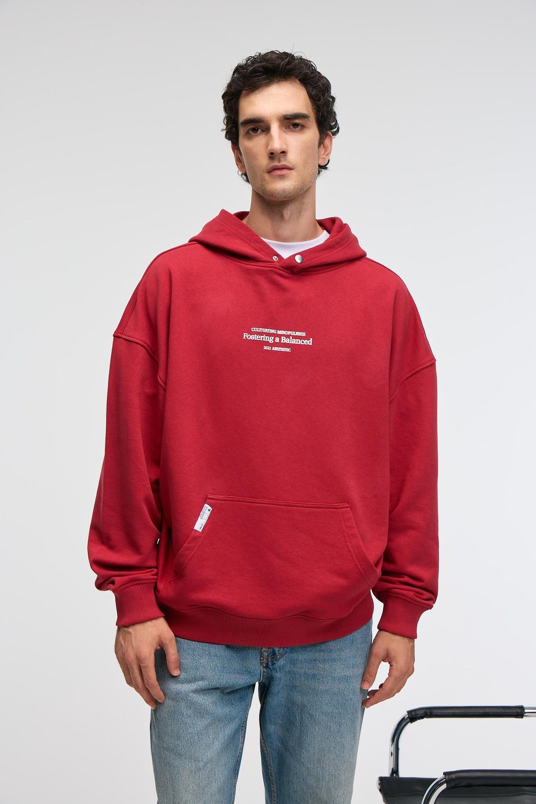 CLAY Erkek %100 Pamuk Kapüşonlu Çıtçıtlı Baskılı Cebi Süs Etiketli Kırmızı Sweatshirt