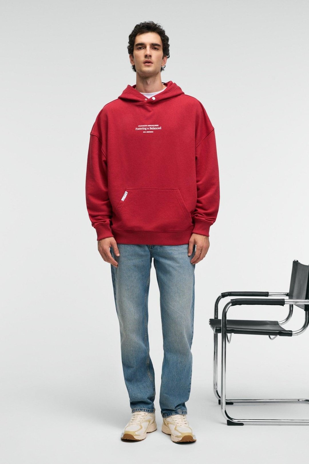 CLAY Erkek %100 Pamuk Kapüşonlu Çıtçıtlı Baskılı Cebi Süs Etiketli Kırmızı Sweatshirt