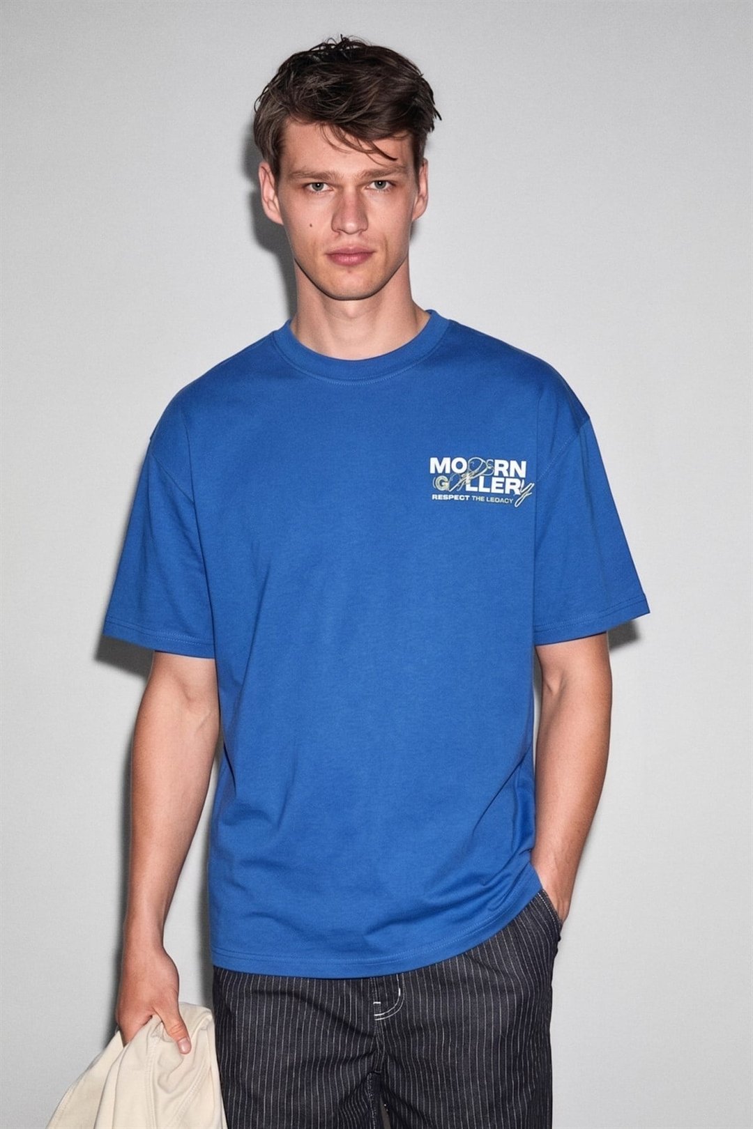 COLIBRI Erkek Ön Arka Baskı Detaylı Oversize Kısa Kollu Bisiklet Yaka Organik Pamuklu Mavi T-Shirt