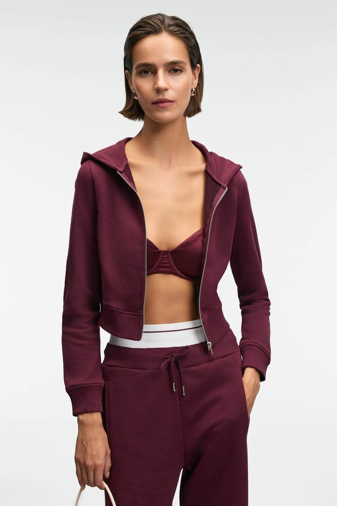 COSIMA Kadın Metal Fermuarlı Kapüşonlu Crop Bordo Sweatshirt