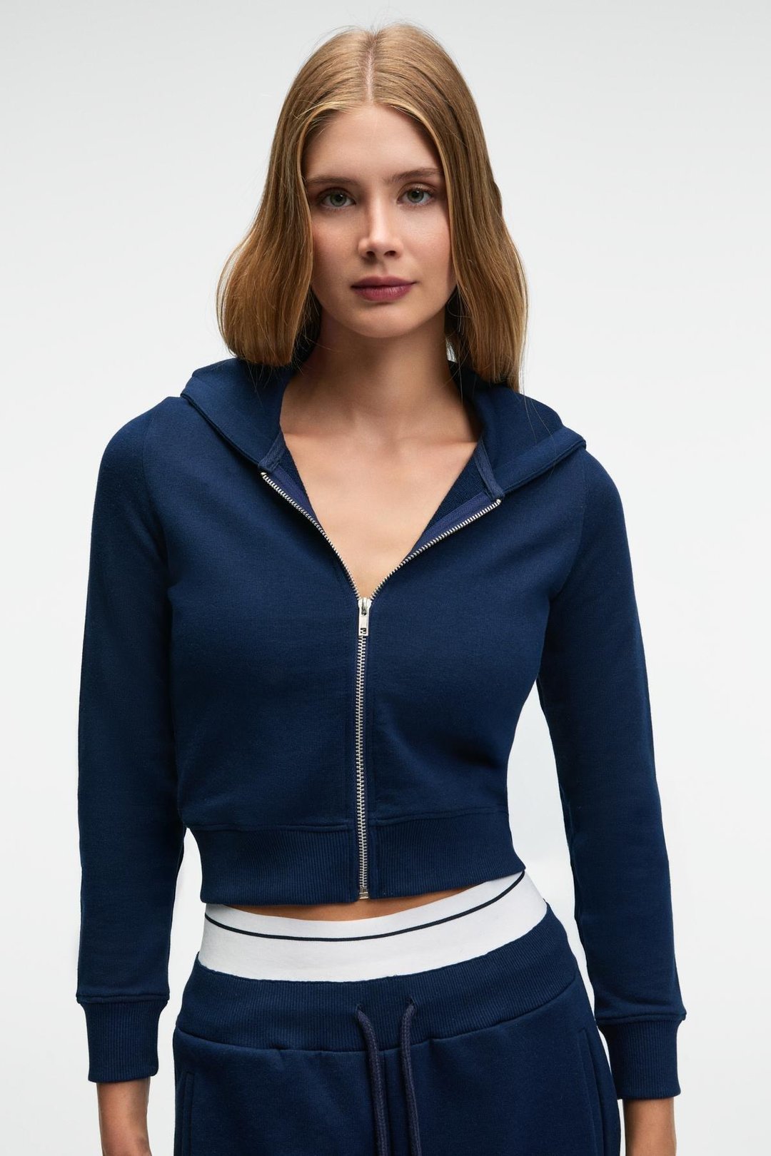 COSIMA Kadın Metal Fermuarlı Kapüşonlu Crop Lacivert Sweatshirt