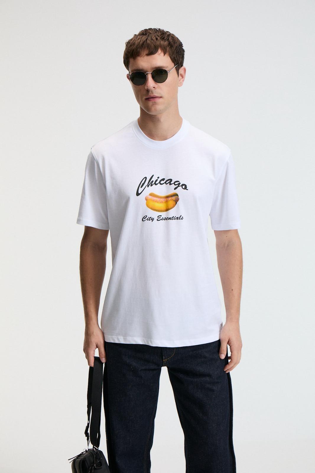 CRISP Erkek Oversize %100 Pamuk Baskılı Yuvarlak Yaka Beyaz T-Shirt