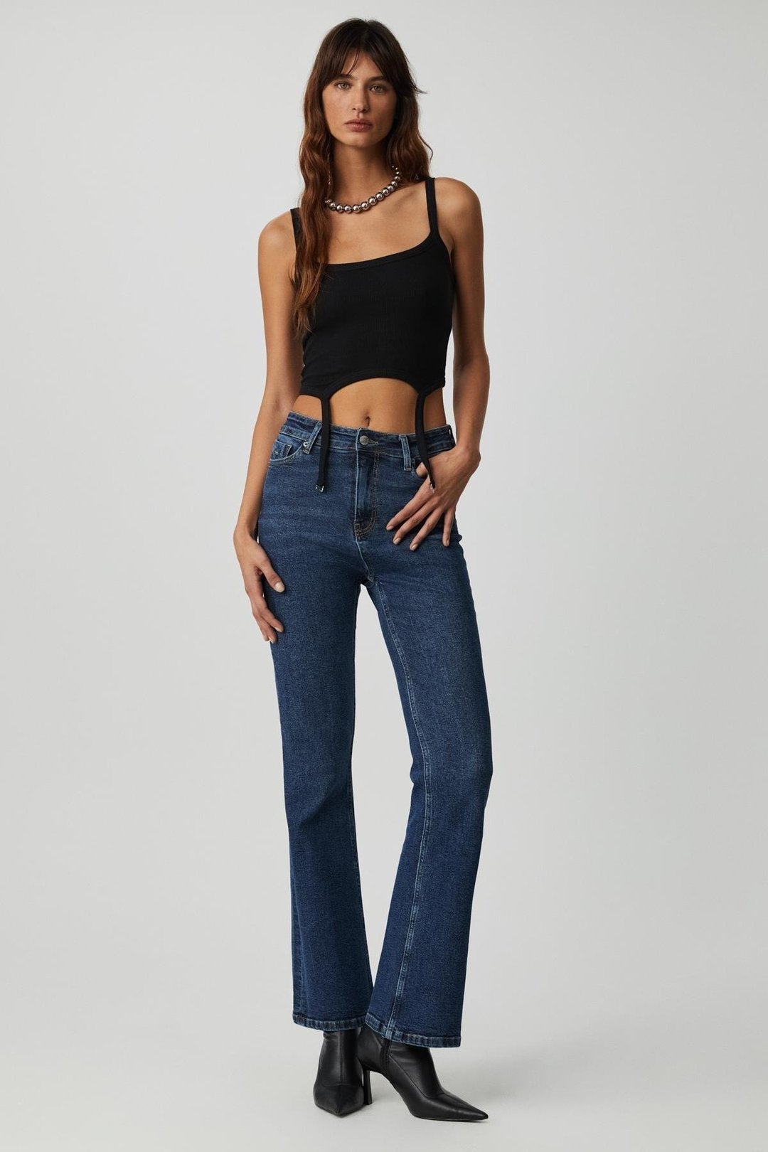 CRYSTAL Kadın İspanyol Paça Yüksek Bel Koyu Mavi Jeans