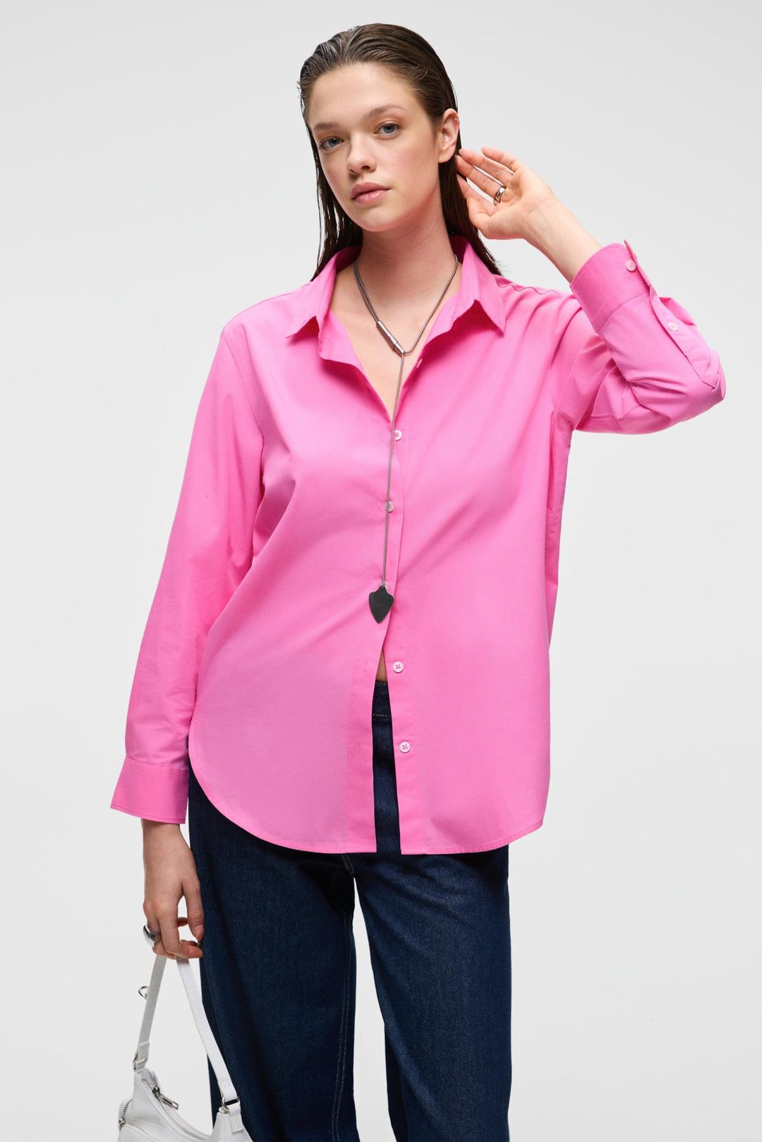 DELFINO Kadın Oversize %100 Organik Pamuk Uzun Kollu İnce Uzun Pembe Gömlek