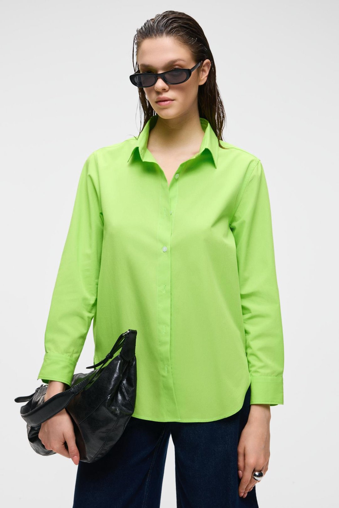 DELFINO Kadın Oversize %100 Organik Pamuk Uzun Kollu İnce Uzun Fıstık Yeşili Gömlek