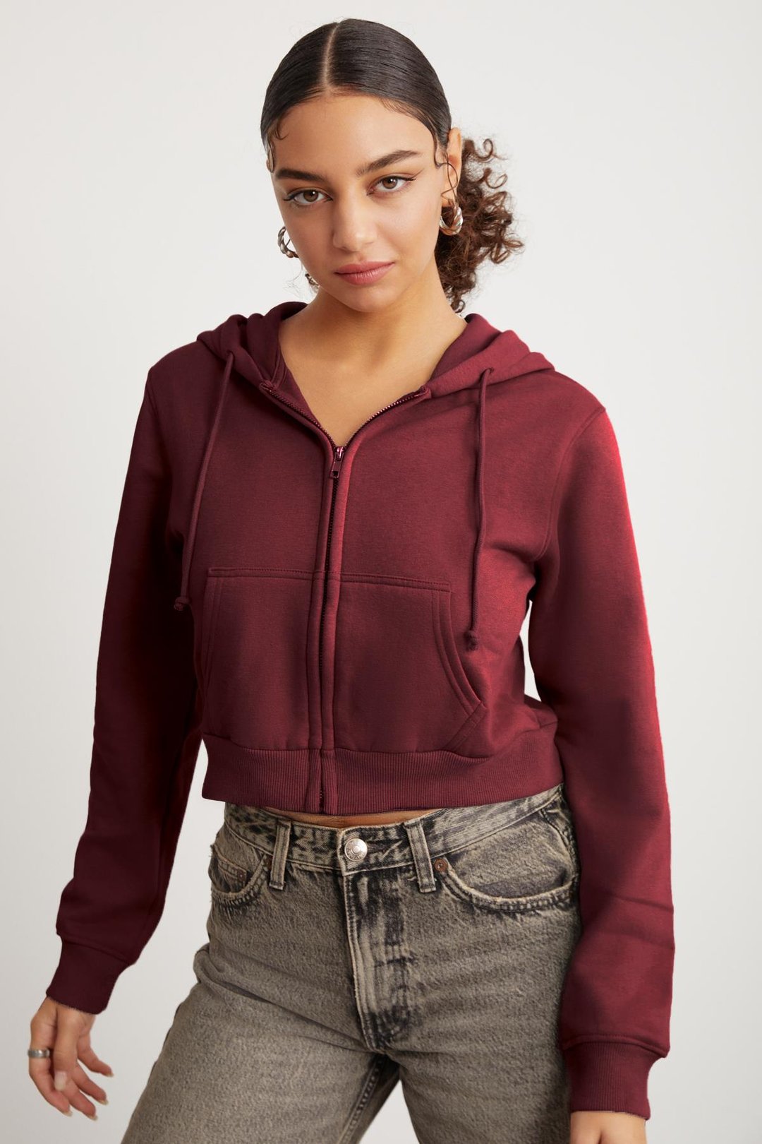 Delıa Kadın Crop İçi Polarlı Fermuarlı Organik Pamuklu Kapüsonlu Kordonlu Bordo Sweatshirt