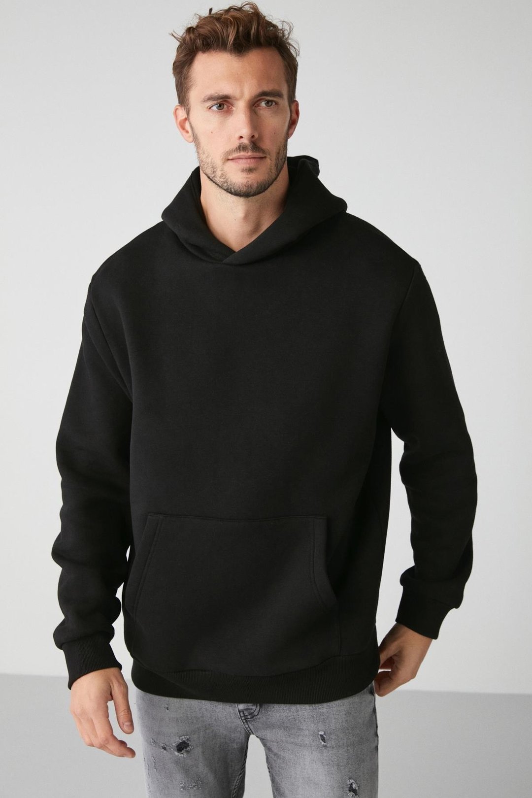DRACO Erkek Yumuşacık Kumaşlı Örme 3 İplik Oversize Kapüşonlu Kanguru Cepli Siyah Sweatshirt