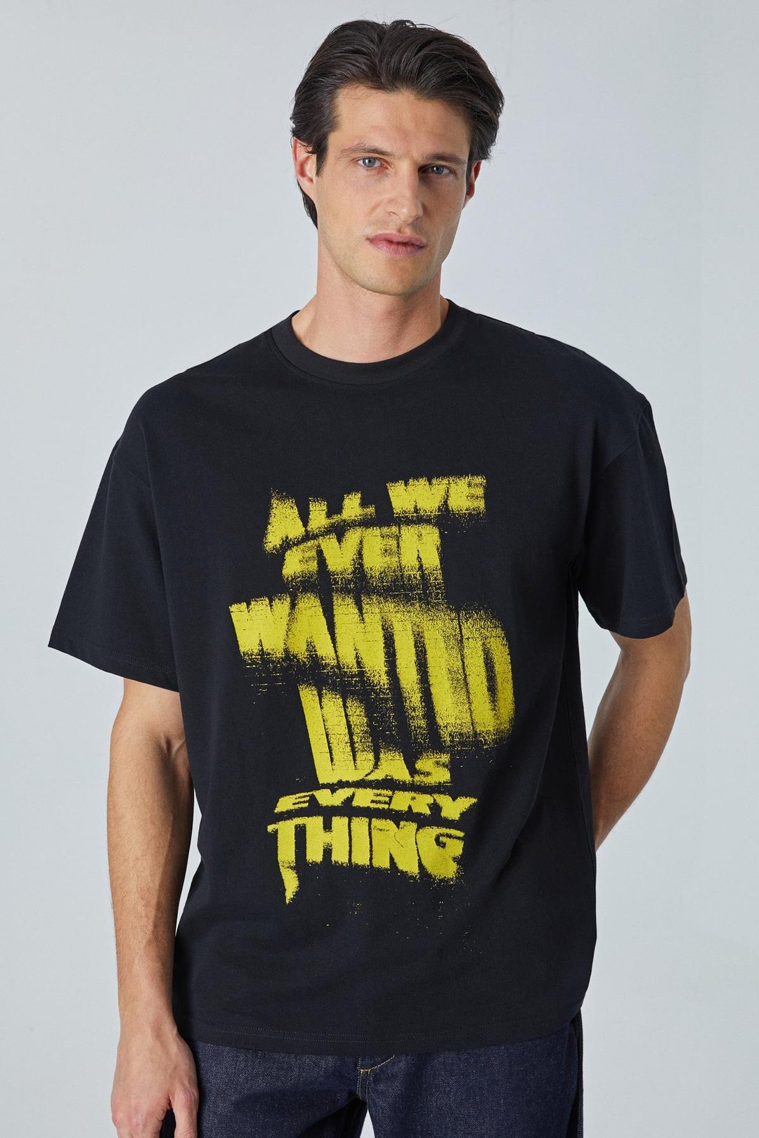 EDIMBURGO Erkek Baskı Detaylı %100 Organik Pamuk Oversize Bisiklet Yaka Siyah T-Shirt