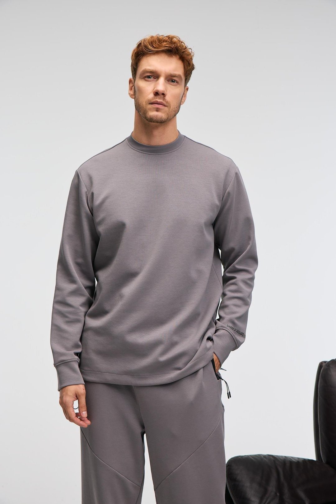 EDMUND Erkek Kolu Baskılı Eteği Lastik ve Stoperli Bisiklet Yaka Koyu Gri Sweatshirt