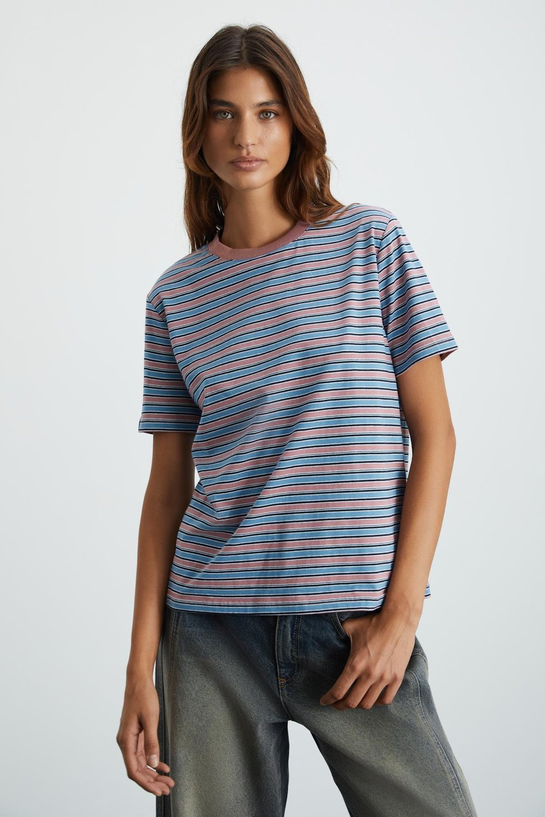 ELERA Kadın %100 Pamuk Çizgili Yuvarlak Yaka Mavi - Desenli T-Shirt