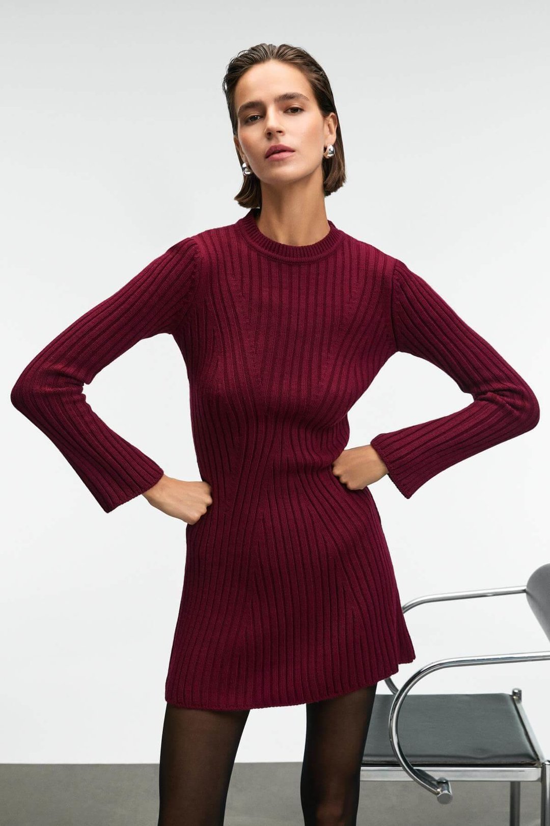 ENCANTO Kadın Yuvarlak Yaka Çizgi Desenli Slim Fit Bordo Elbise