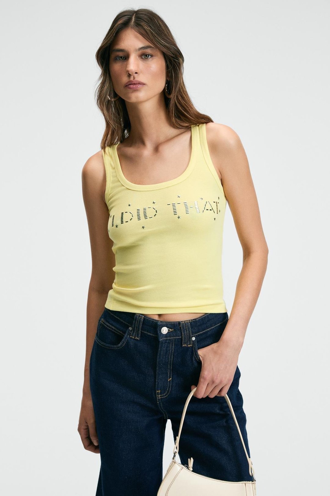 ENNIS Kadın Bisiklet Yaka Kalın Askılı Önü Taş Detaylı Vücudu Saran Esnek Sarı Atlet