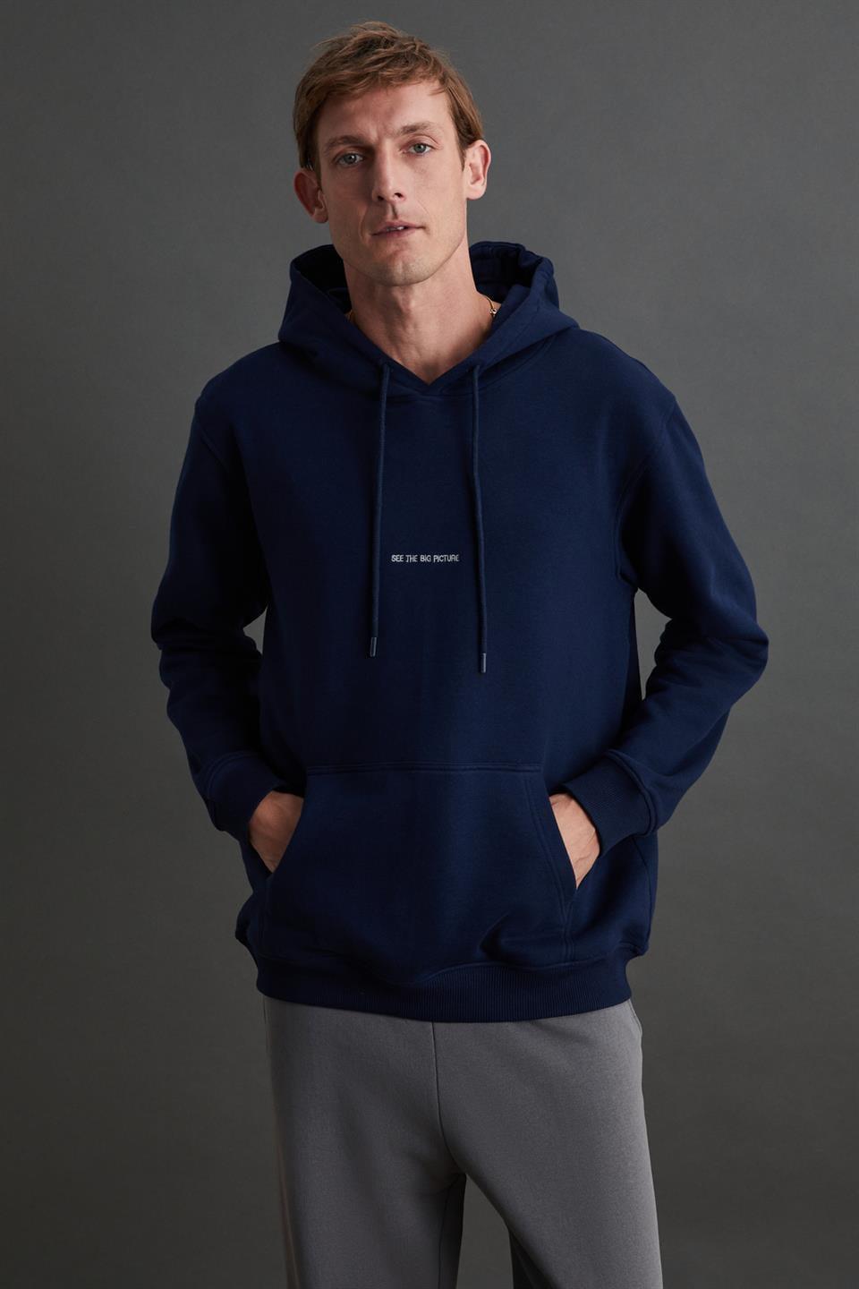 EPIC Erkek Yumusaçık Kumaşlı Nakış Detaylı Kapüşonlu Kordonlu Regular Lacivert Sweatshirt
