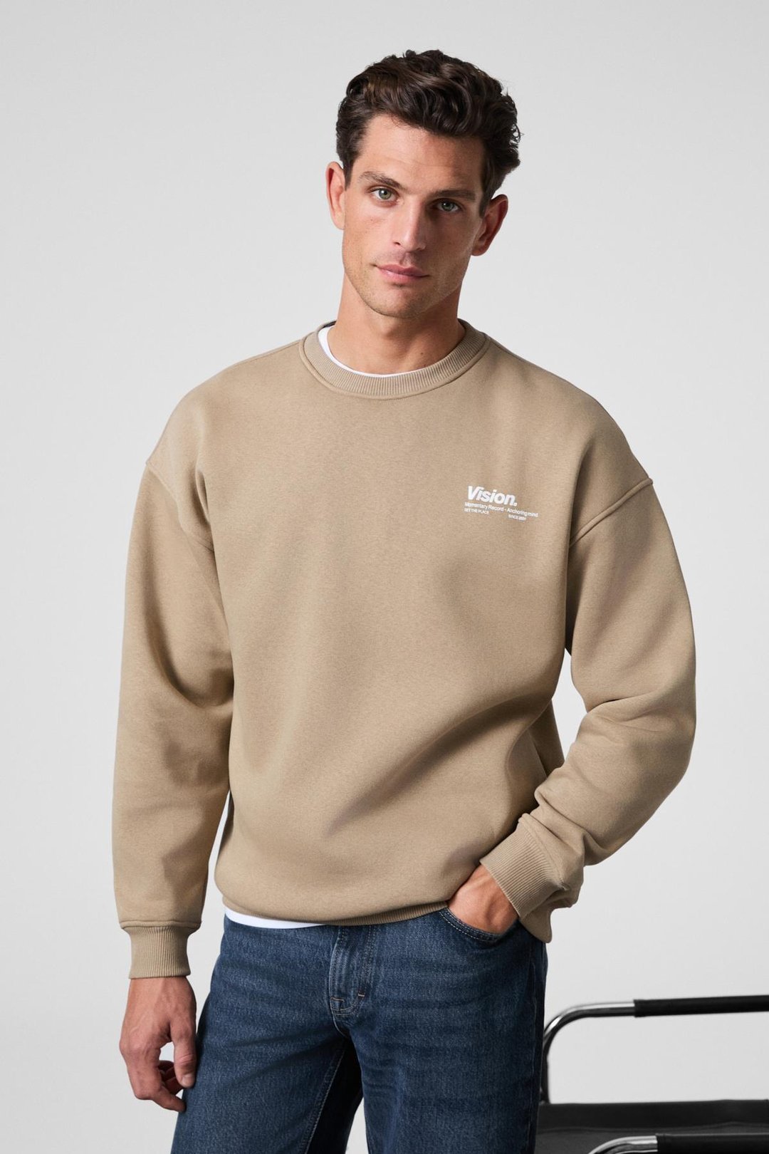 Ernest Erkek Organik Pamuklu Yumuşacık Baskı Detaylı Bisiklet Yaka İçi Polarlı Bej Sweatshirt