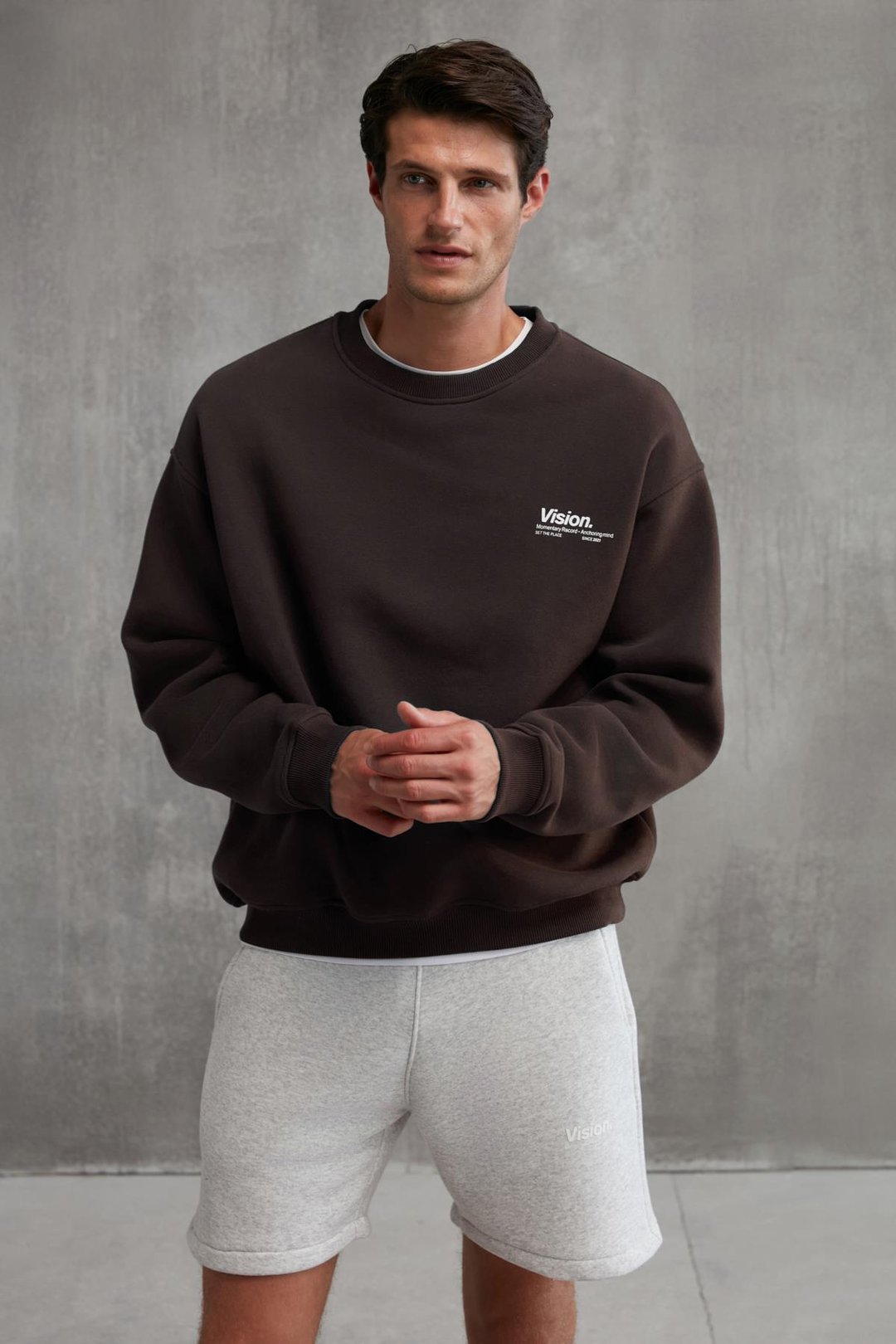 Ernest Erkek Organik Pamuklu Yumuşacık Baskı Detaylı Bisiklet Yaka İçi Polarlı Kahverengi Sweatshirt