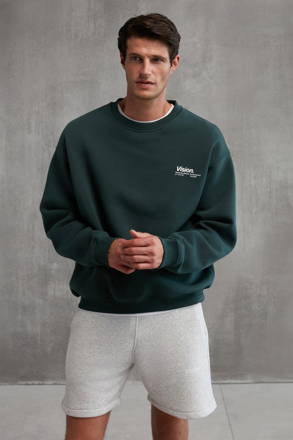 ERNEST Erkek Yumuşacık İçi Polarlı Baskı Detaylı Organik Pamuk Oversize Koyu Yeşil Sweatshirt
