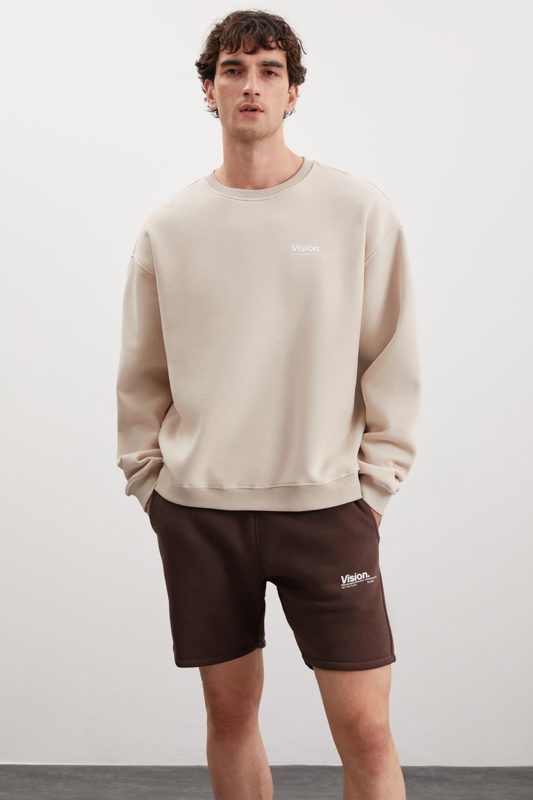 ERNEST Erkek Yumuşacık İçi Polarlı Baskı Detaylı Organik Pamuk Oversize Vizon Sweatshirt