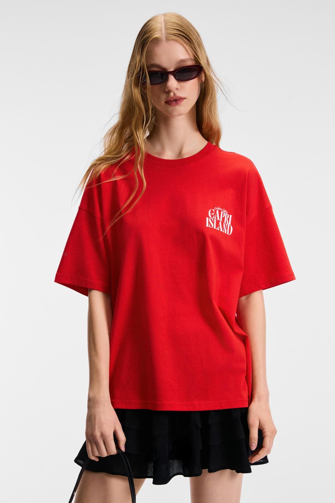 FEYLORA Kadın %100 Pamuk Oversize Fit Baskı Detaylı Kısa Kollu Bisiklet Yaka Kırmızı T-Shirt