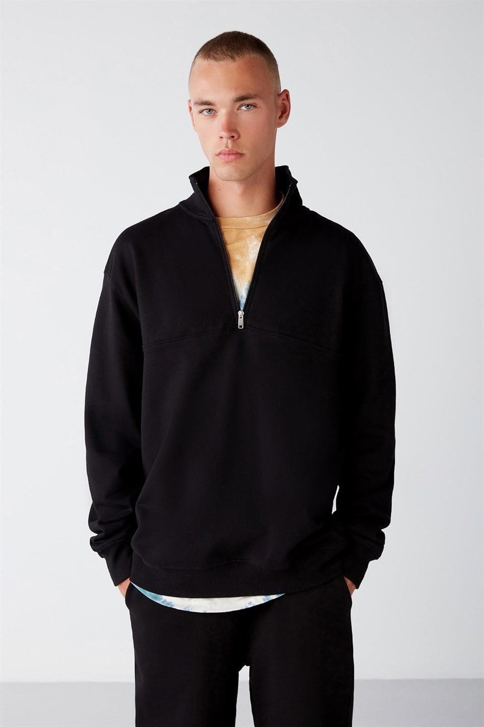 FRAME Erkek Yarım Fermuarlı Dik Yakalı Yumuşacık Kumaşlı Polarlı Regular Siyah Sweatshirt