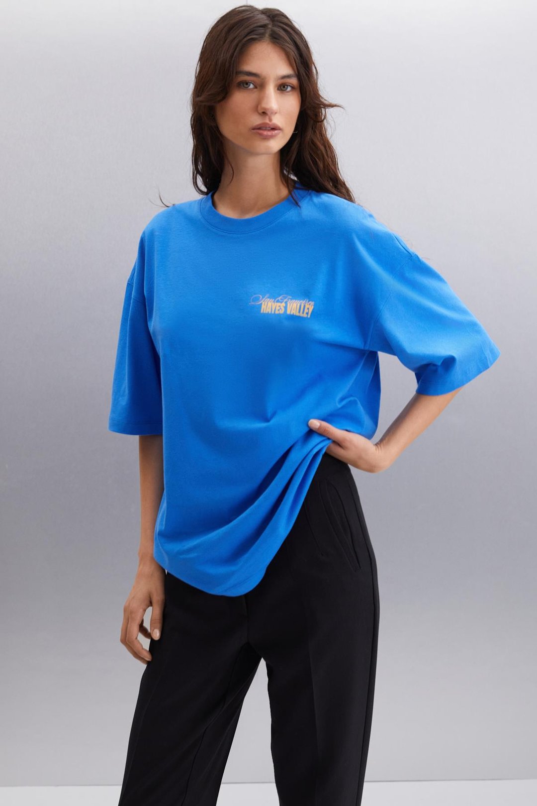 GILLIAN  Oversize Parlament Mavi Tekli T-Shirt